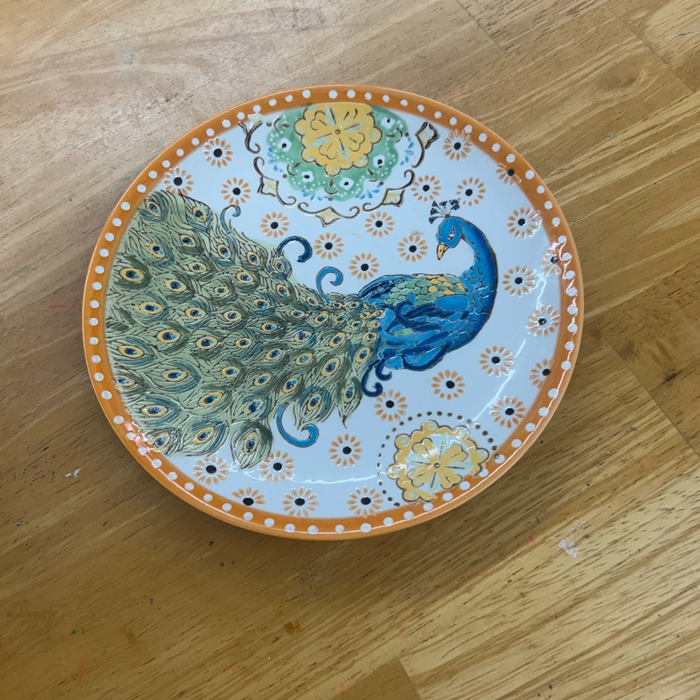 Elegant Ceramic Plate with hand painted Peacock Design - Orange and Blue